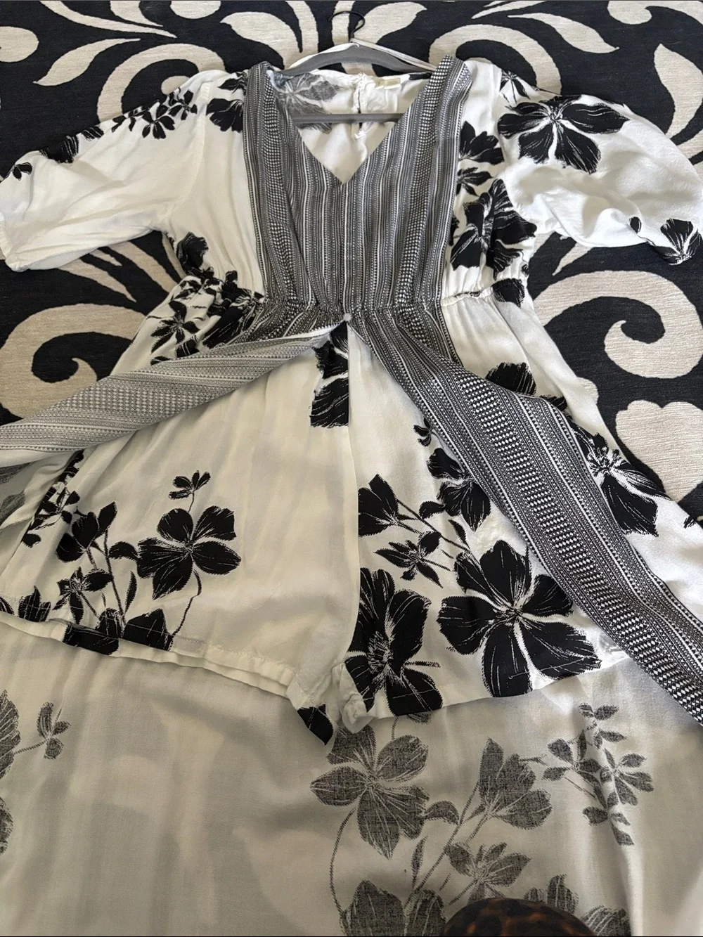 Japna White Maxi Dress with Black Floral Print and Gray Trim - Picture 3 of 4